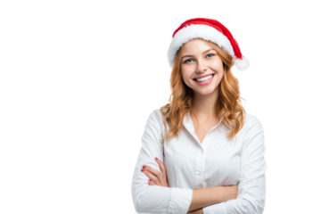 Cheerful young woman with a Santa hat, smiling confidently while crossing her arms, set against a white isolated background.