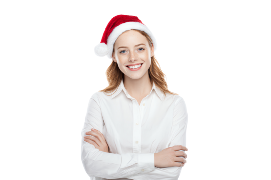 A cheerful young woman wearing a festive Santa hat, smiling warmly with crossed arms, against a white isolated background, conveying holiday spirit and joy.
