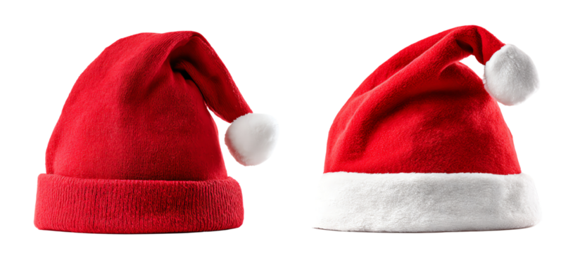 Two festive red Santa hats with white trim and pom-poms on a transparent background, perfect for holiday-themed designs and seasonal celebrations.