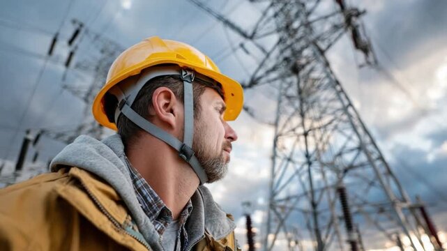 Power Worker and Electricity: A focused worker, clad in a safety helmet, stands confidently against a towering electricity pylon, symbolizing dedication, responsibility, and the energy infrastructure.