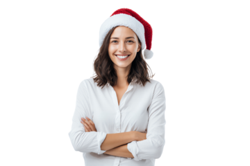 Cheerful woman with a Santa hat, smiling with arms crossed, wearing a white shirt. Ideal for festive and holiday themed projects.