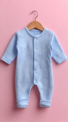 Light Blue Baby Onesie with Buttons Hanging on a Wooden Hanger, Pink Wall
