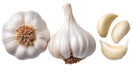 Fresh garlic bulb and cloves arranged on a white isolated background, showcasing its natural texture and color, perfect for culinary themes and health-related concepts.