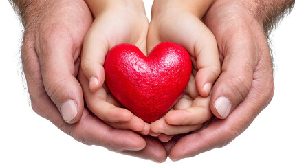 Fototapeta premium Two hands, an adult and a child's, gently cradle a vibrant red heart. Symbolizing love, connection, and care, this image evokes a sense of warmth and nurturing.