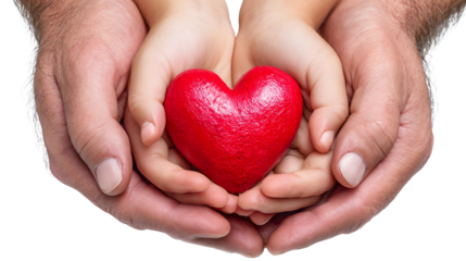 Two hands, an adult and a child's, gently cradle a vibrant red heart. Symbolizing love, connection, and care, this image evokes a sense of warmth and nurturing.
