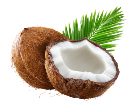 Fresh coconut halves with a vibrant green palm leaf against a white isolate background, showcasing the natural texture and richness of tropical flavors.