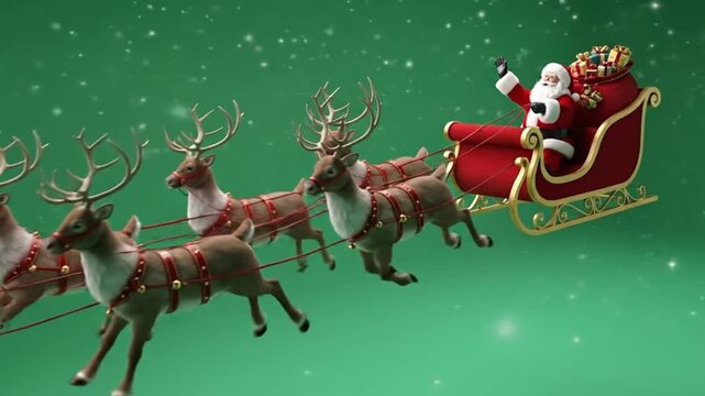 Santa Claus and his team of flying reindeer pulling a festive sleigh full of gifts through a magical sparkling green Christmas night sky