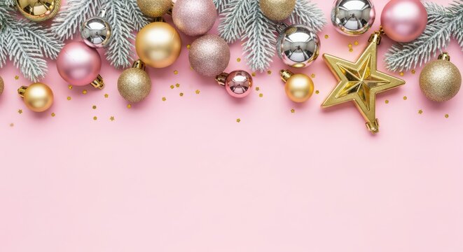 Holiday border with frosted fir branches, shiny pink, gold, and silver baubles, and a golden star on a soft pink background