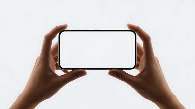 Hands holding a blank smartphone screen horizontally