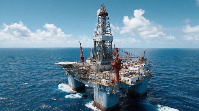 Offshore Platform in Ocean: An imposing offshore drilling platform cuts through the open ocean, the blue sky provides a backdrop for this marvel of engineering.