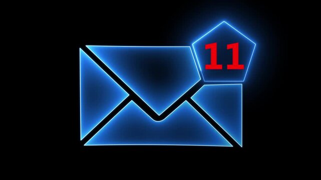 Neon email icon with notification counter displaying number eleven new messages