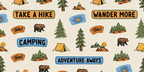 Seamless pattern with camping hiking and adventure elements © Bijoy