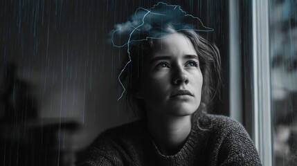 Woman sitting by window with symbolic storm cloud representing sadness
