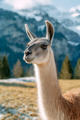 Obraz premium Close-up portrait of an alpaca standing in a scenic mountain landscape with snow-capped peaks in the background