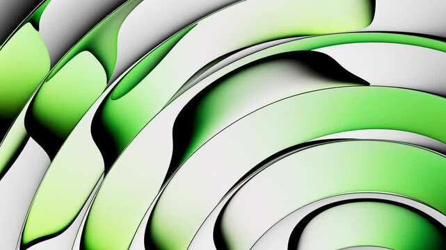 Looping 3D animation. Abstract minimalist background featuring liquid bubbles. Green gradients slide inside on a glossy ribbed glass surface. Optical illusion with a morphing effect