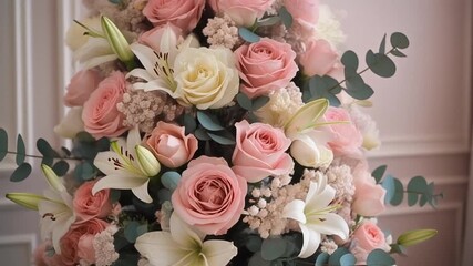 Luxurious bouquet featuring a captivating blend of blooming soft pink roses, pristine white lilies, and fragrant eucalyptus foliage, perfect for special occasions