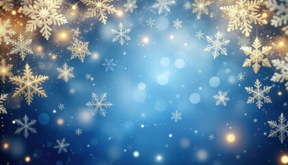 Winter wonderland snowflakes falling over sparkling blue background holiday season digital art magical atmosphere aerial view seasonal serenity and beauty