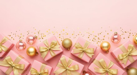 Pink gift boxes with golden ribbons, christmas baubles, and sparkling glitter on a soft pink background, for holiday greetings