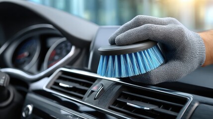 Blue brush cleaning car dashboard with glove precision detail care. Concept of automotive hygiene, interior maintenance, and professional detailing expressing accuracy and focus.