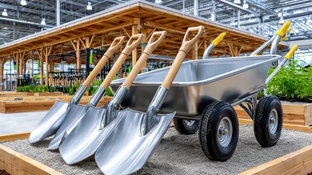 garden tools section in large hardware store with shovels, rakes, and wheelbarrows on display, spacious organized interior