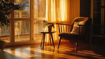 Cozy armchair in warm sunset light by large living room window