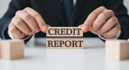 Credit Report in Focus: A person carefully arranges wooden blocks to spell out credit report, highlighting the significance of financial assessment and personal financial management.