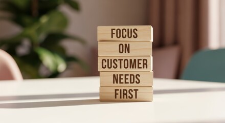 Customer-Centric Values: A stack of wooden blocks spells out the imperative Focus On Customer Needs First, resting on a clean, light surface, hinting at a modern, customer-centric business approach. 