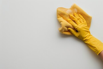 A Close-Up of a Gloved Hand Cleaning a Surface with a Yellow Cloth, Illustrating Domestic Chores and the Importance of Cleanliness