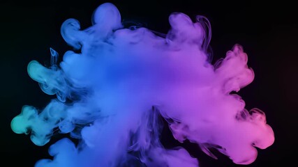 Clouds of smoky mist swirl in slow motion, their blue and pink hues dancing against a stark black background, capturing the dynamic concept of change or evolution, perfect for corporate branding.