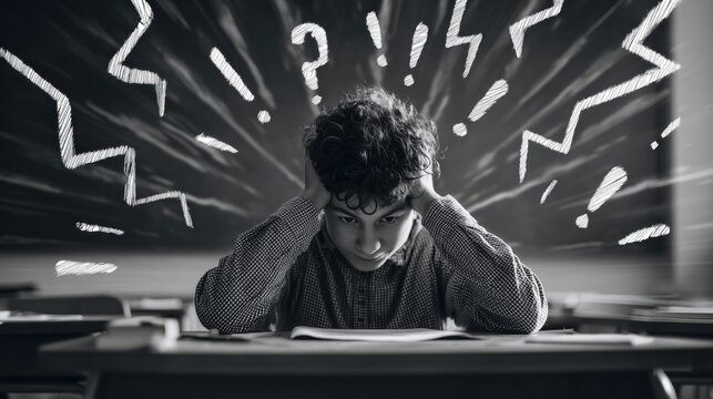 Stressed student overwhelmed with chalk doodles symbolizing pressure