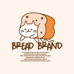Charming bakery logo featuring cute cat mascot wrapped inside bread loaf. Whimsical illustration with pastel colors for cafe branding and packaging design.