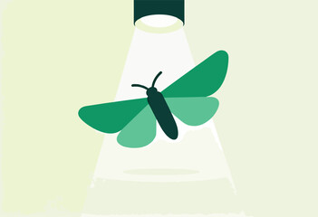 A stylized illustration features a green moth caught in a spotlight, set against a soft, pale green background