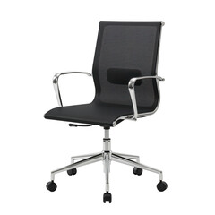 Modern black mesh office chair with chrome accents isolated on transparent background