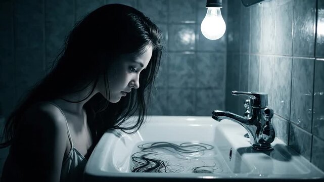 Melancholy Beauty Contemplates Loss: A young woman's somber reflection by the bathroom sink captures profound sadness and grief in a minimalist scene