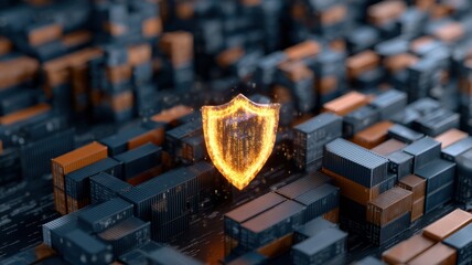 supply chain management logistics risk management. Digital shield overlaying shipping containers in a futuristic setting.