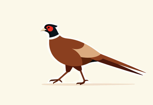 Illustration of a stylized pheasant in a walking pose, showcasing brown, black, and red hues. Clean lines on a neutral background