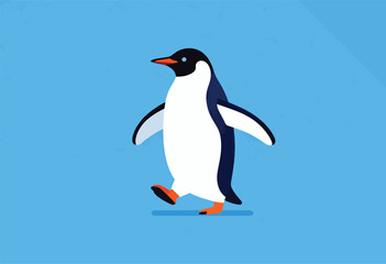 A stylized penguin walks, body white and black with orange feet and beak, on a textured blue background