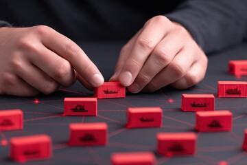 supply chain management logistics risk management. Hands adjusting red cargo containers on a networked surface, symbolizing logistics and trade.