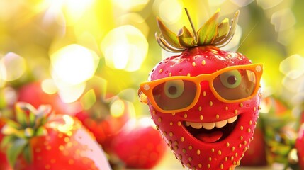 A Cheerful Strawberry Character Wearing Sunglasses Smiles Brightly Amidst a Vibrant Field of Juicy Red Strawberries and Sparkling Summer Light