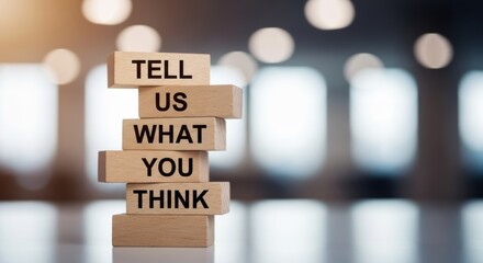 Think Feedback: A stack of wooden blocks with the message TELL US WHAT YOU THINK conveys the essence of a customer satisfaction.