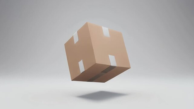 A brown cardboard box, sealed with tape, floats in mid-air against a minimalist light grey background, casting a subtle shadow. Ideal for logistics, shipping, e-commerce, and delivery concepts.