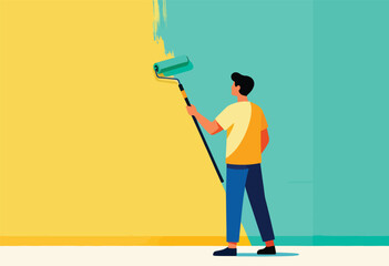 A person with a paint roller in a minimalist style painting a wall yellow and teal