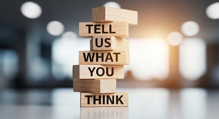 Tell us What You Think: Wooden blocks carefully stacked, each inscribed with the phrase Tell Us What You Think, symbolizing open communication, soliciting opinions, and fostering engagement.