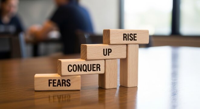 Step-by-step to Success: A visual representation of overcoming fears and striving for growth, where wooden blocks spell out an inspiring message in a team setting.