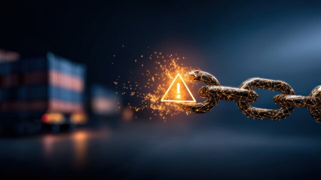 supply chain management logistics risk management. A glowing warning symbol emerges from a breaking chain in a dark setting.