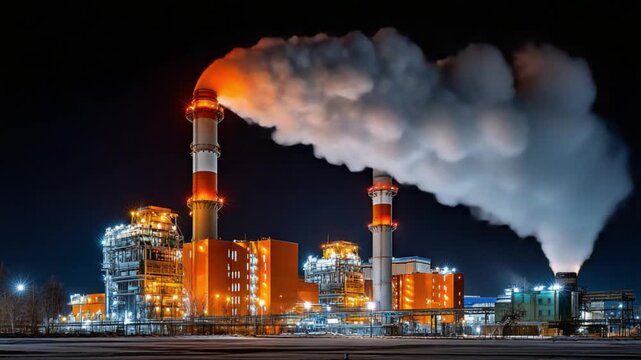Industrial Emissions at Night: The imposing silhouette of an industrial plant at night, belching plumes of smoke into the darkened sky.