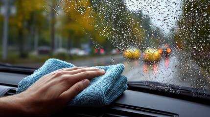 Hand cleaning wet windshield with blue microfiber cloth during rain. Concept of safety, visibility, and car maintenance expressing focus, care, and responsibility.