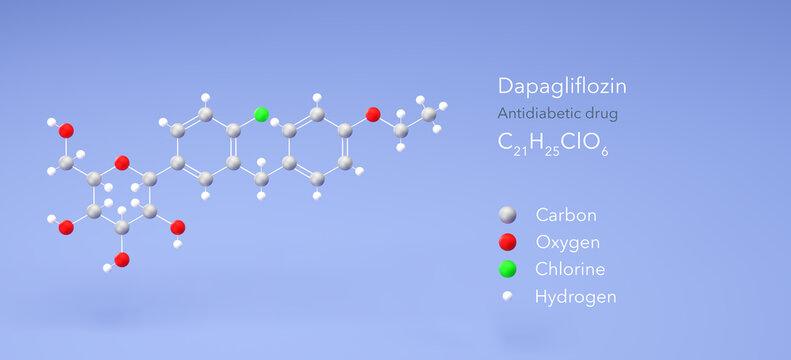 dapagliflozin molecule, molecular structure, antidiabetic drug 3d model, Structural Chemical Formula and Atoms with Color Coding