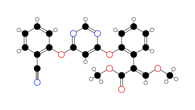 azoxystrobin molecule, structural chemical formula, ball-and-stick model, isolated image broad-spectrum fungicide