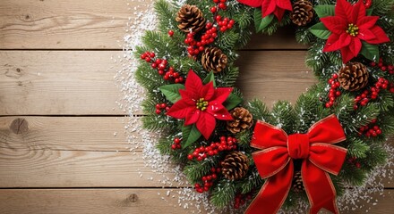 Festive Christmas wreath with red bow, red poinsettia flowers, pine cones, and berries on wooden background, symbolizing holiday decor, winter celebration, seasonal greeting card. Copy space for text